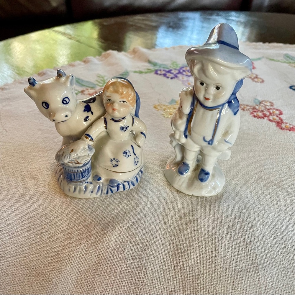 Vintage Bisque Dutch Milkmaid & Cow and Boy Holding Rabbit. Delft Blue Gold Trim